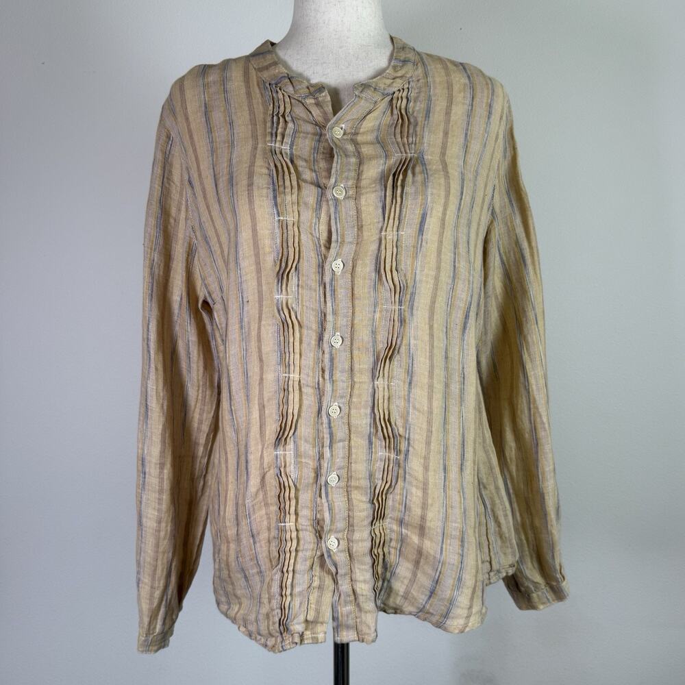 CP Shades‎ Linen Button Up Blouse Size Small Yellow Striped Boho Ruffle Details